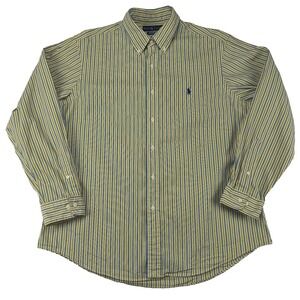 Ralph Lauren Custom Fit Striped Button Down Shirt Mens 17 34/35 Yellow Blue Pony